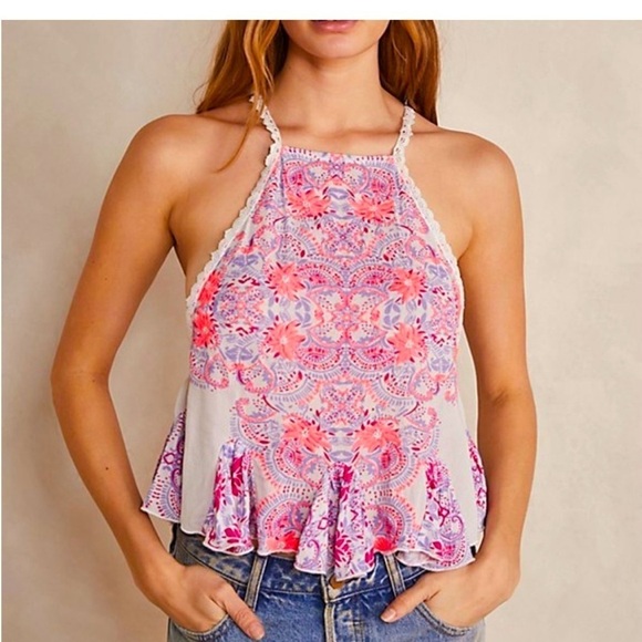 NWT FREE PEOPLE boho embroidered sleeveless flowy camisole top with crochet. - Picture 8 of 8
